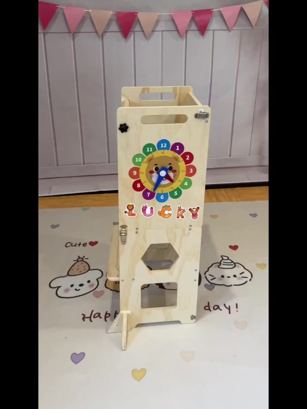 4-in-1 Toddler Standing Tower with Learning Clock & Blackboard - Foldable Multi-Functional Step Stool, Wood Climbing Ladder & for & (Toddler Learning, Motor Skills Development)
