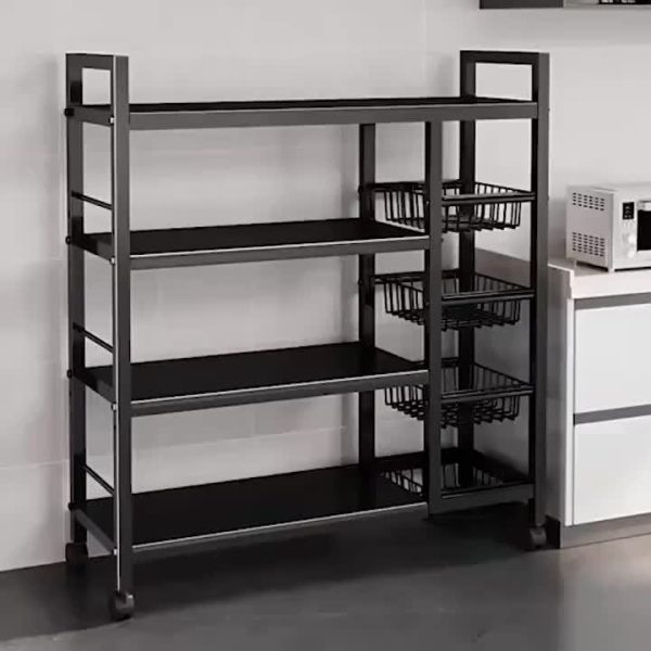 Kitchen Storage Shelf with Mesh Baskets, Metal Frame Serving Cart with Wheels, Rolling Baker's Rack with Adjustable Shelves, for Kitchen Bathroom Living Room Office