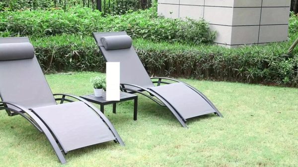 [Outdoor Lounge Chair] 2-Pcs Outdoor Lounge Chair With 1-Pcs Side Table, Patio Sunbathing Lounger, 5-Level Height Adjustable, Suitable For Garden, Pool, Beach, Outdoor Use