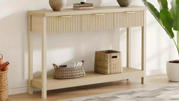 product-97a4afa3d5003bfe6af509adaaa36a6dc46291f3.temu_.000001 51 IN Fluted Console Table with 3 Drawers, Modern Entryway Table with Metal Handles, Sturdy Solid Wood Design, Hallway Table with Storage, for Living Room And Hallway