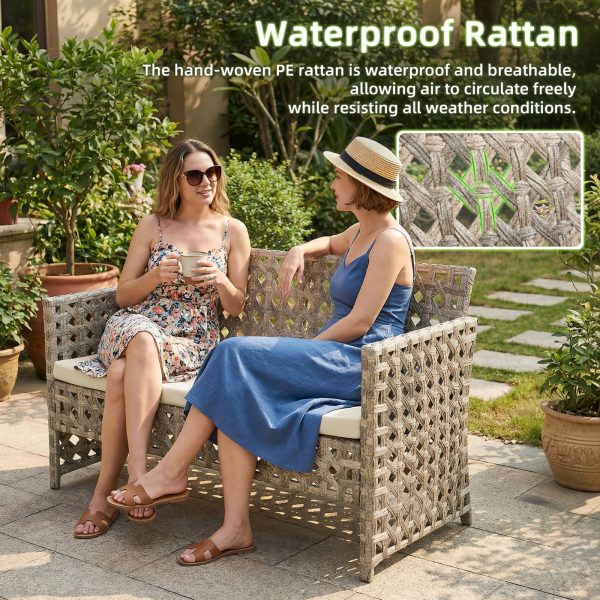 4pcs Outdoor Seating Arrangement, Durable Grey Rattan Garden Furniture Collection, Wicker Sofa with Chairs And Coffee Table, High-Back Rattan Loveseat with Comfortable Cushions for Patio, Available in 3 Fabric Color Choices