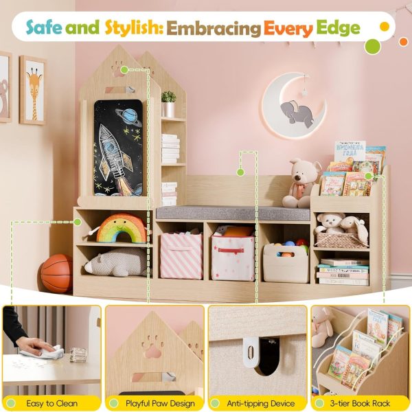 Bookshelf Featuring a Cozy Reading Corner, Wooden Organizer for Storage Equipped with a Chalkboard And Bench, Ideal Reading Nook for Boys And Girls, Shelf Suitable for Bedroom, Nursery, Or Playroom, Crafted from Natural Oak