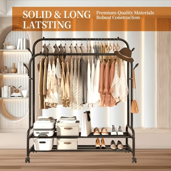 product-algo_check-auto-4fe0d519fe6ae0073233035c4e672818_1779505168643 Sturdy Metal Double-Rail Garment Rack with Wheels -Portable Clothing Rack with Shelves And Hooks -Heavy-Duty Clothes Hanger Stand- Multifunctional Bedroom Closet Organizer -Black
