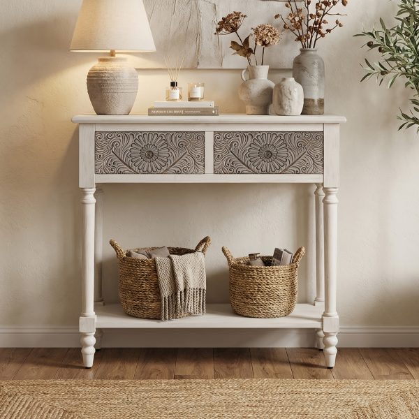 product-algo_check-auto-592adbbfe86cbe461460edc684711e30_1776838898475 Carved MDF Console Table with 2 Drawers, Sunflower Vintage End Entryway Table for Hallway, Living Room - Antique Style Sofa Table with Floral Engraving, Rustic Accent Furniture