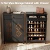 A Five-Level Shoe Storage Unit Featuring Drawers, Crafted from Wood with Adjustable Shelves, a Standalone Walnut Shoe Organizer, Perfect for Entryways, Hallways, And Walk-In Closets