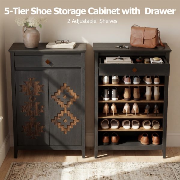 A Five-Level Shoe Storage Unit Featuring Drawers, Crafted from Wood with Adjustable Shelves, a Standalone Walnut Shoe Organizer, Perfect for Entryways, Hallways, And Walk-In Closets