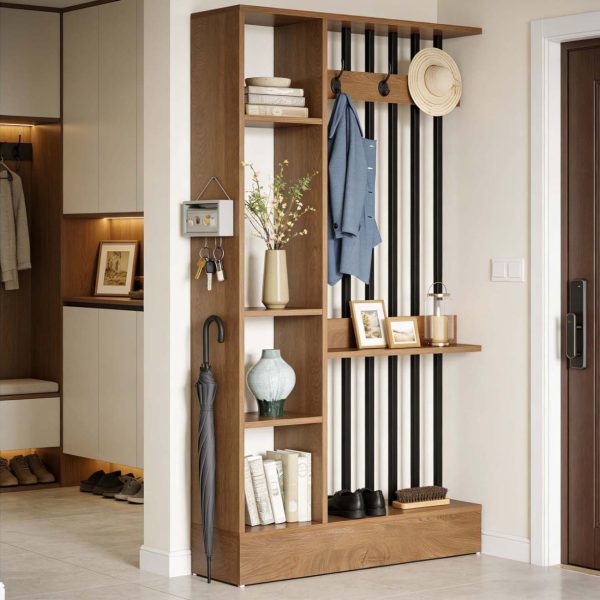 71-Inch Wooden Standalone Room Divider, Wall Partition Bookcase Featuring Shelves And Coat Hooks, a Contemporary Decorative Screen Suitable for Home And Office, in Brown