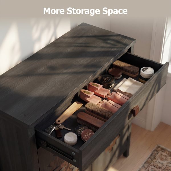 A Five-Level Shoe Storage Unit Featuring Drawers, Crafted from Wood with Adjustable Shelves, a Standalone Walnut Shoe Organizer, Perfect for Entryways, Hallways, And Walk-In Closets
