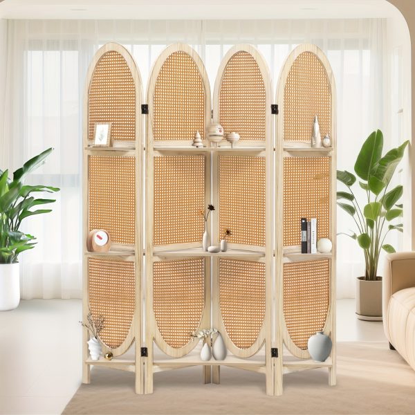 product-algo_check-auto-ec166b2aff813c72b5f173410e530995_1751947017132 Four-Panel Wooden Room Divider, Collapsible with a Hand-Woven Rattan Privacy Screen - Room Partitions Featuring Three Display Shelves, Ideal for Home, Office, Study, Or Art Exhibitions