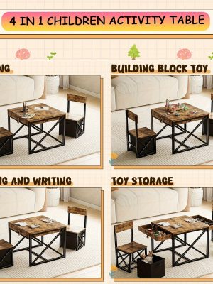 4-in-1 Kids Table And 2 Chairs Set With Storage Bins, Rustic Toddler Activity Desk For Playroom, Wooden Childrens Furniture For Crafts, Drawing & Reading
