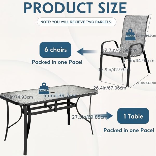 product-algo_framework-ImageCm2InAlgo-193f9170-58eb-11f1-8388-0a580aae0449 7pcs Outdoor Dining Table and Chairs for 6 People - Textilene Stackable Patio Furniture with Glass Table & Umbrella Hole Base Suitable for Deck, Poolside,, Backyard - Umbrella Not Included