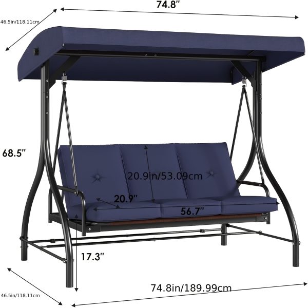 product-algo_framework-ImageCm2InAlgo-6ee981ae-5809-11f1-8bc5-0a580ab004a0 3-Seat Outdoor Porch Swing with Stand, Convertible Porch Swing Bed with Adjustable Canopy for Adults, Patio Swing Chair with Thickened Cushions for Yard Garden Deck 750LBS