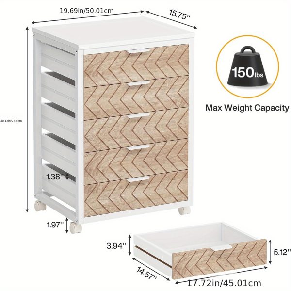 product-algo_framework-ImageCm2InAlgo-b93a4a16-99de-11f0-b44b-0a580aaf0720 5-Drawer Beige & White Wood Mobile File Cabinet, Industrial Rolling Printer Stand with Herringbone Pattern for Home Office Storage, Durable Engineered Wood Design