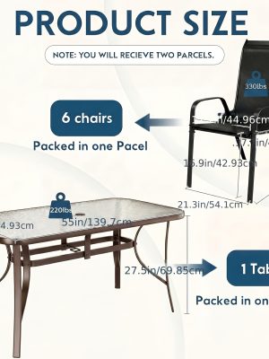 7pcs Outdoor Table And Chairs for 6, Outdoor Dining Set W/Rectangle Glass Table And 6 Patio Textilene Stackable Chairs, Patio Furniture Set W/Umbrella Hole, Umbrella Not Included