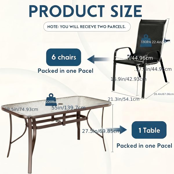 7pcs Outdoor Table And Chairs for 6, Outdoor Dining Set W/Rectangle Glass Table And 6 Patio Textilene Stackable Chairs, Patio Furniture Set W/Umbrella Hole, Umbrella Not Included
