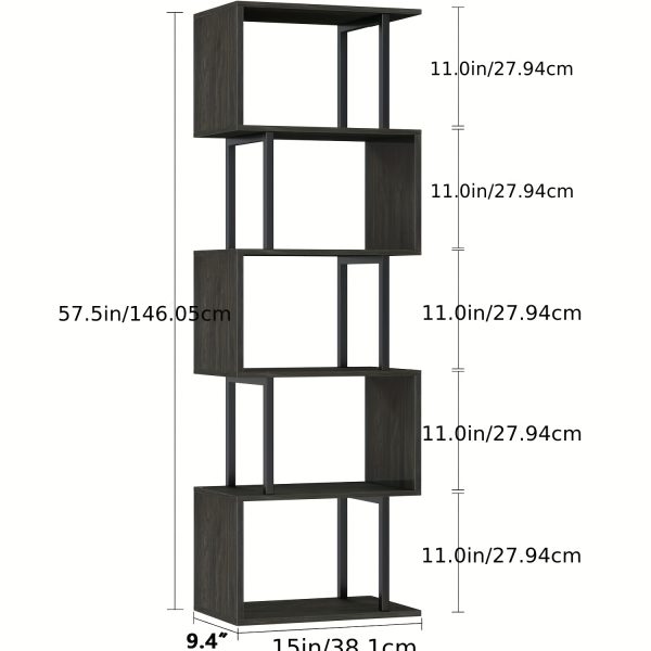 product-algo_framework-ImageCm2InAlgo-c1fd2e32-b579-11f0-a18c-0a580ab02cf5 6-Tier Tall Bookshelf, Lofty Geometric Book Cabinet, S-Shaped Industrial-Style Display Freestanding Bookshelf, Metal And Wood Decorative Storage Partition Rack, Suitable for Bedroom, Living Room, Office, Black/White