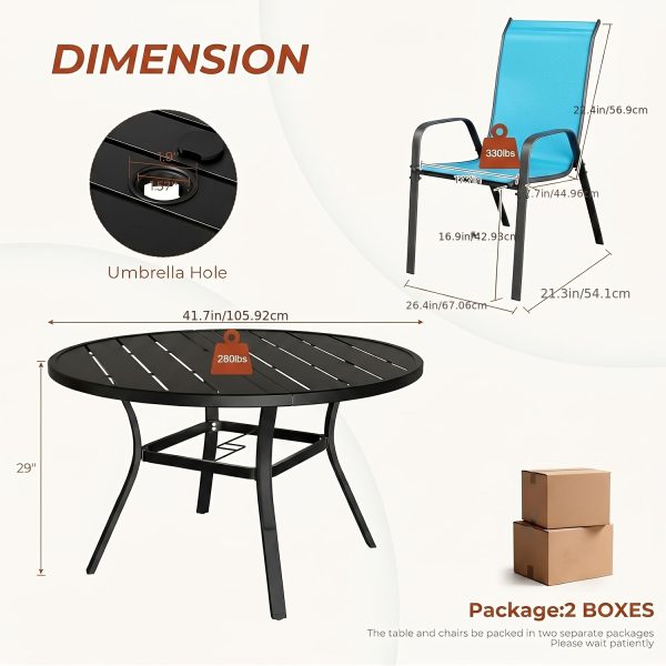 5pcs Patio Dining Set for 4, Outdoor Table And Chairs W/ 1.57"-1.9" Adjustable Umbrella Hole And Foot Pads, All Weather 42" Round Metal Table And Stackable Textilene Chair