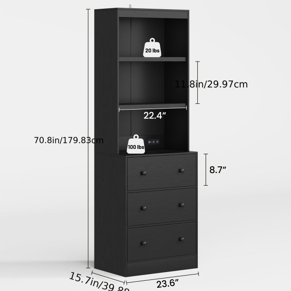 Wood Bookshelf with 3 Drawers - 6 Tier Freestanding Tall Storage Cabinet, Modern Floor Cabinet for Bedroom, Curio Cabinets with Storage for Living Room, Home Office
