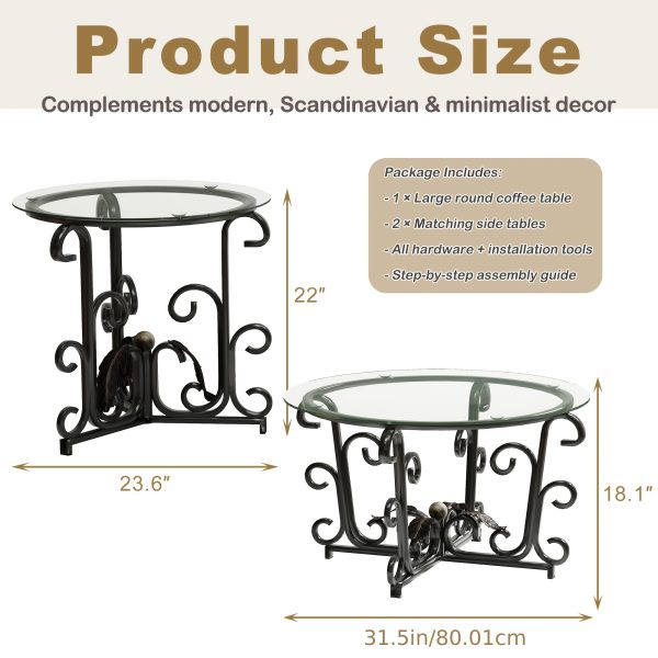 product-algo_framework-ImageCm2InAlgo-f4dd8242-4aee-11f1-8388-0a580aae0449 3pcs Round Glass Coffee Table Set, Tempered Glass Top with Black Metal Frame, Modern Living Room Furniture Set with 1 Coffee Table & 2 End Tables for Apartment Small Spaces