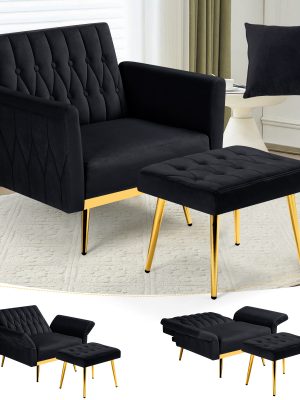 ACMEASE Velvet Single Accent Chair with Adjustable Armrests And Backrest, Comfortable Single Chair with Ottoman, Button Tufted Lounge Recliner Armchair with Pillow for Living Room, Bedroom, Study Room
