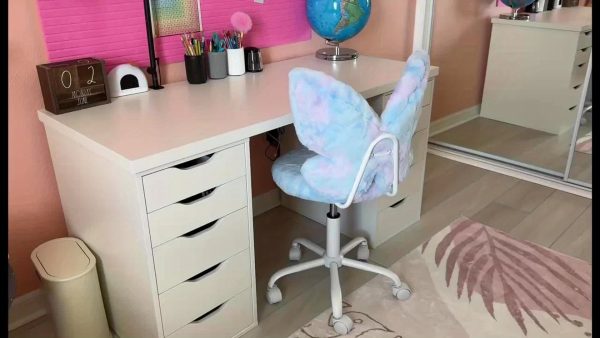 product-dc9583e4fe4badbec3060c40e7776ce1f2f620db.temu_.000001 Girls Desk Chair - Comfy Swivel Kids Desk Chair for Girls Room, Fluffy Butterfly Kids Office Chair for Reading & Vanity