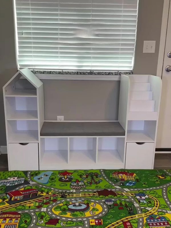 product-f3e7ee5e4002b25669b3b00cde98b33d780db600.temu_.000001 Nordic Style Bookcase with Reading Nook | Space-Saving Storage Cabinet with 7 Cubbies, 2 Movable Drawers & Seat Cushion, Multifunctional Organizer for Living Room, Bedroom, Office, Wood Color, Hardwood Material, VABCHES Brand