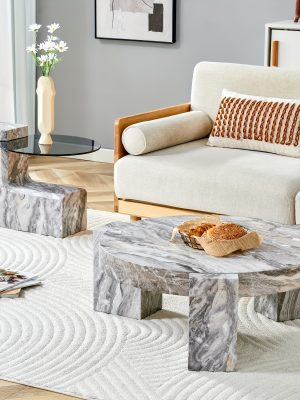 MUUOKY Modern Round Nesting Coffee Table with Faux Marble Top & Glass Side Table - 24” Center Table Suitable for Living Room, 2-Tier Space-Saving, Easy Assembly, Luxury Apartment Furniture, Engineered Wood Base for Small Homes