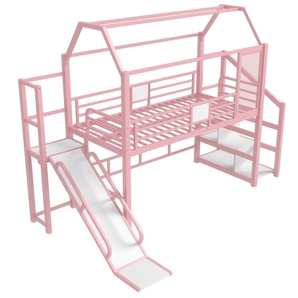 product-fancy-001f54ec-bc39-4eea-a42b-4a7ab5ac5e88 BELLEMAVE 2-1 Twin Loft Bed with Slide And Stairs, Metal Playhouse Bed with Storage Shelves, House-shaped Loft Bed And Noise-free Design, Pink