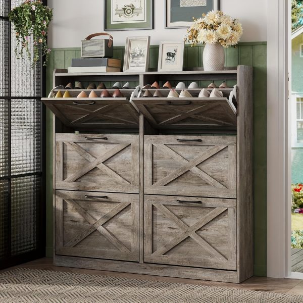 product-fancy-00a834c0-793a-4c15-8fc2-2ce226a8b929 Washed Gray Shoe Storage Cabinet with 6 Flip Drawers | Narrow Freestanding Shoe Cabinet and Shoe Storage Organizer with Metal Handles for Entryway, Large Shoe Rack Organizer, Modern Farmhouse Style, Ideal for Shoe Racks, Made of Particle Board