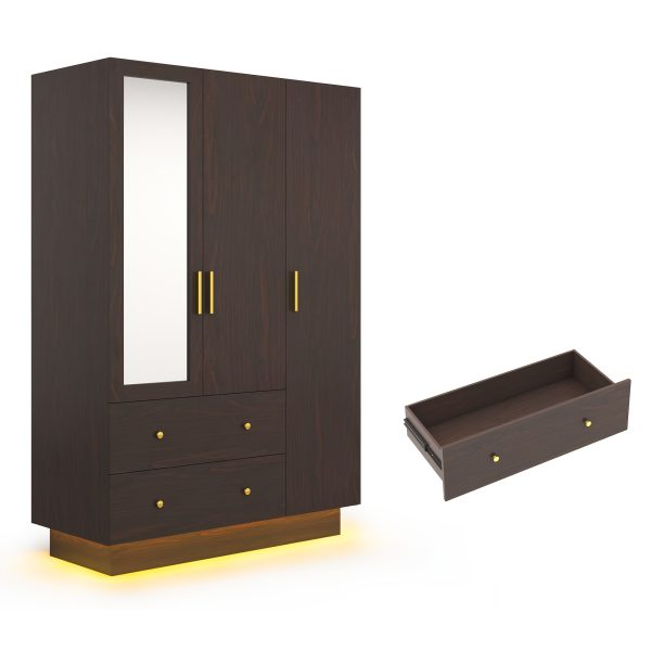 product-fancy-00ade795-09f8-431b-909a-e3b400dc9b2c 3 Doors Armoire Wardrobe Closet with Mirror, LED Armoire with Doors And Drawers, Wooden Armoire Storage Cabinet with Hanging Rod, Adjustable Shelves