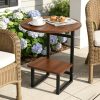 [Outdoor Round Side Table] Outdoor Round Side Table With Double-Layer Storage Shelf, MarbleTexture Imitation Stone Courtyard End Table, Sturdy Black Metal Frame, Weather-Resistant Side Table Is Suitable For Balcony Coffee Corner, Small Space Courtyard/Terrace/Balcony Furnitur