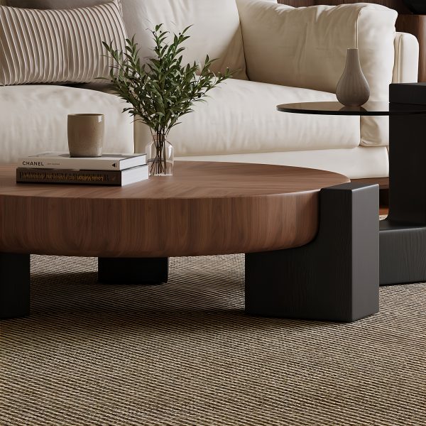 2pcs Set of Modern Round Wood Coffee Table with Geometric Leg Design
