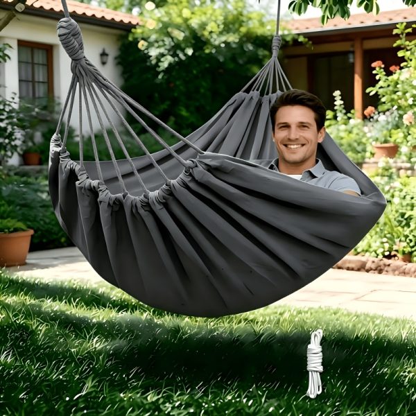 product-fancy-01925bcf-3191-4fd6-8c77-703d018522e3 1pc Patio/Outdoor Hammock with Support Pole, Sturdy Dark Gray Fabric Hammock with Anti-Tip Design, Durable with Tie-Down Ropes - Ideal for Relaxing in the Patio, Outdoors, Indoors, and Camping, for Outdoor Hammock Use