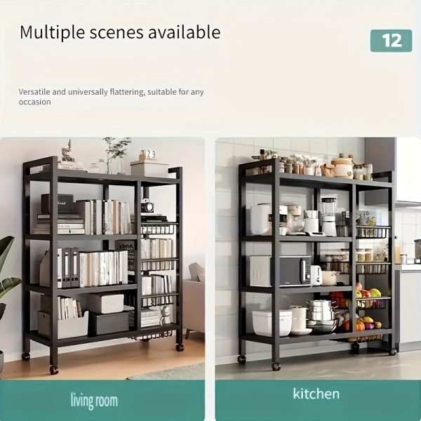 Kitchen Storage Shelf with Mesh Baskets, Metal Frame Serving Cart with Wheels, Rolling Baker's Rack with Adjustable Shelves, for Kitchen Bathroom Living Room Office