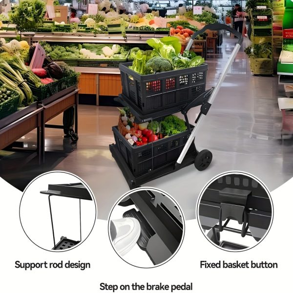 Two Layers Folding Shopping Cart | Multi Use Functional Collapsible Carts | Collapsible Grocery Carts | Shopping Cart with Storage Crate | Utility Cart for Groceries, Warehouse, Supermarket.Black