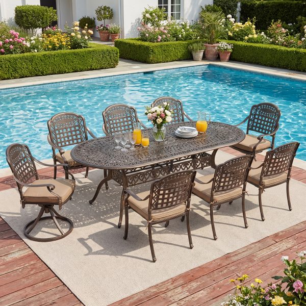 9pcs Cast Aluminum Outdoor Patio Dining Set - Ornate Scrollwork Design, Weather-Resistant Rust-Proof Frame, Oval Table And 8 Cushioned Chairs, Suitable for Garden, Backyard And Poolside Seating