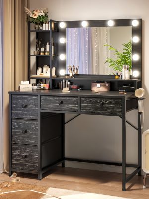 Vanity Desk with Lights, Makeup Vanity with Power Strip, Dressing Table Set with 5 Large Drawers, Vanity Mirror 3 Lighting Color Adjustable