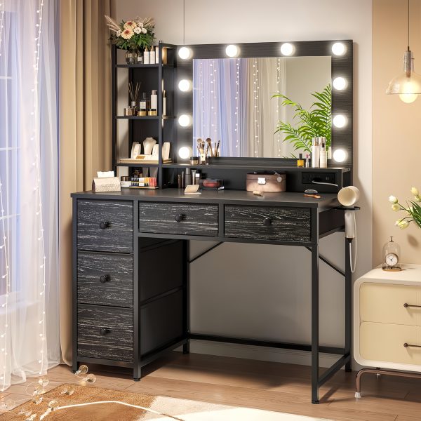 product-fancy-02fc99c9-4168-48e6-ae2d-86df68434171 Vanity Desk with Lights, Makeup Vanity with Power Strip, Dressing Table Set with 5 Large Drawers, Vanity Mirror 3 Lighting Color Adjustable