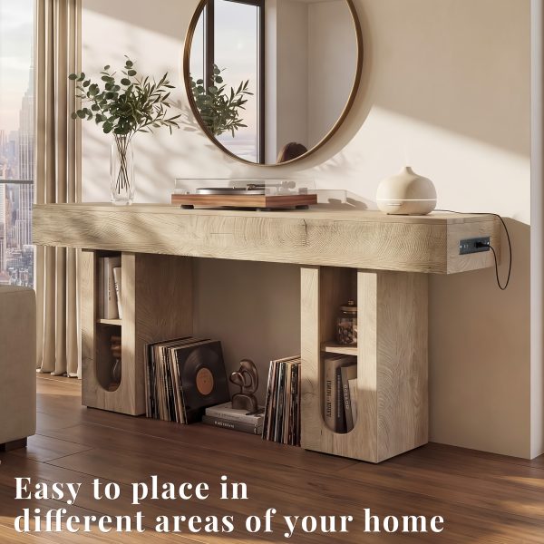 OMCHOM 70.9" Long Console Table with Storage Shelves, Modern Oval Entryway Table, Thick Heavy Duty Narrow Sofa Table with Storage, Accent Table for Behind Couch Living Room Hallway Foyer, Natural Wood