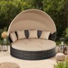 [Round Daybed With Canopy] Outdoor Patio Round Daybed With Retractable Canopy, Clamshell Sectional Seating Wicker Furniture With Washable Cushions For Backyard, Lawn, Poolside, Garden, And Outdoor Living Spaces, Brown