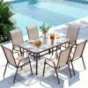 7pcs Outdoor Table And Chairs for 6, Outdoor Dining Set W/Rectangle Glass Table And 6 Patio Textilene Stackable Chairs, Patio Furniture Set W/Umbrella Hole, Umbrella Not Included