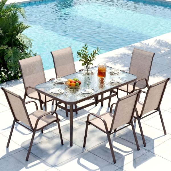 7pcs Outdoor Table And Chairs for 6, Outdoor Dining Set W/Rectangle Glass Table And 6 Patio Textilene Stackable Chairs, Patio Furniture Set W/Umbrella Hole, Umbrella Not Included
