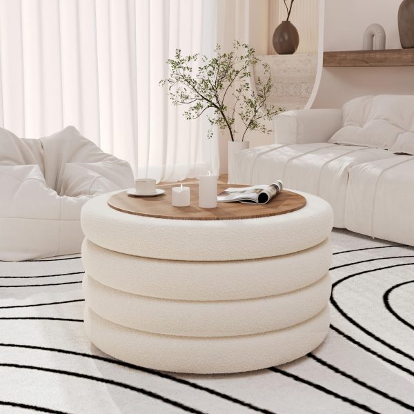product-fancy-03a64676-2af2-453a-b70c-24d8875ad263 30 Inch Round Ottoman Coffee Table with Storage & Sherpa Top - Large Multi-Functional Modern Footrest Suitable for Couch, Cream White Frame/Plywood Base Furniture for Living Room, Space-Saving Tray Table for Small Spaces
