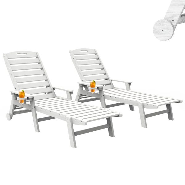 product-fancy-03b099ee-a870-419a-b4a2-b1c9cf50d188 2pcs HDPE Wood Grain Outdoor Chaise Lounge Chairs, 78" All-Weather Patio Poolside Loungers with Wheels & Cup Holders, 5-Position Adjustable Recliners for Backyard & Summer Relaxation