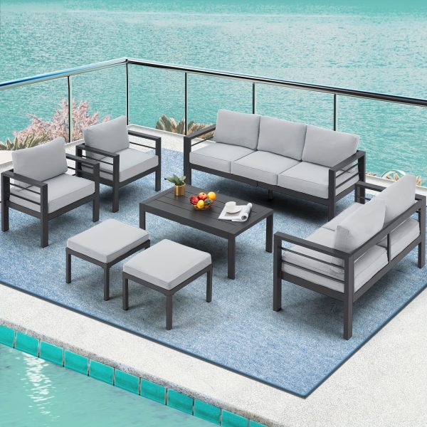 product-fancy-03edebd8-ee7c-4b86-b8ae-6cf01912098c YODOLLA Aluminum Outdoor Furniture Collection, Contemporary Patio Set Including Coffee Table, 7pcs Conversation Set with Cushions for Balcony, Porch, And Lawn