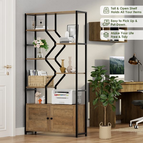 product-fancy-041a4db1-f41e-4f3a-a3d4-fc261677255c 76'' Tall Industrial Bookshelf with Doors, Display Large Bookcase With Storage and Organization Cabinet, Unique Geometric Metal Frame Design, Sturdy Wooden Shelves, Organizer for Library, Living Room, Bedroom, Office, White and Golden/Brown and Black
