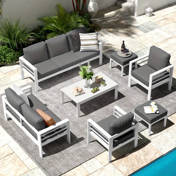 product-fancy-041b4c17-371a-43a2-872f-d7e95660f13d YODOLLA Aluminum Outdoor Furniture Collection, Contemporary Patio Set Including Coffee Table, 7pcs Conversation Set with Cushions for Balcony, Porch, And Lawn