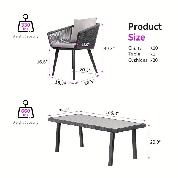 7/11pcs Outdoor Dining Set Made of Aluminum Alloy & Stainless Steel with PE Wicker - Waterproof Rattan Chairs Featuring Removable Cushions (Gray) Suitable for Garden, Poolside & Backyard