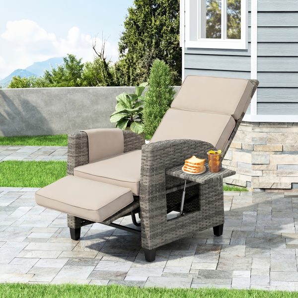product-fancy-0537c6d2-1cd2-431c-834a-1dae68351363 Outdoor Patio Recliner Chair, Independent Adjustable Backrest Up To Lay Flat & Extended Footrest, Flip-Up Side Table, Removable Cushion, All-Weather Wicker, Aluminum Metal Frame For Porch Balcony Garden Poolside