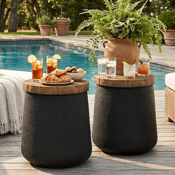 [Round Accent Table] Small Jar Cylinder Tree Ring Side Table, Black Magnesium Oxide End Table with Wood Grain Top - Round Accent Table for Living Room, Bedroom, Balcony